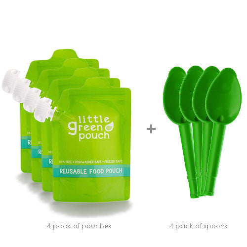 Little Green Pouch "Spoon" Pack of 4 reusable food pouches and 4 spout-attaching dispensing spoons